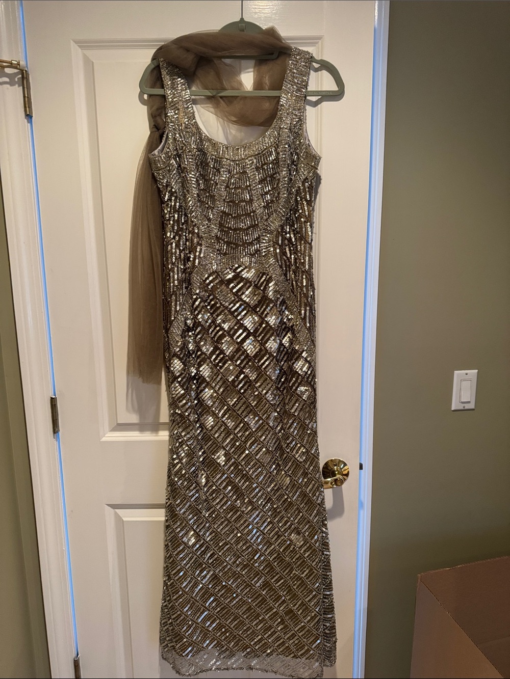 Stephen Yearick Metallic Gold Sequin Evening Gown with Sheer Scarf